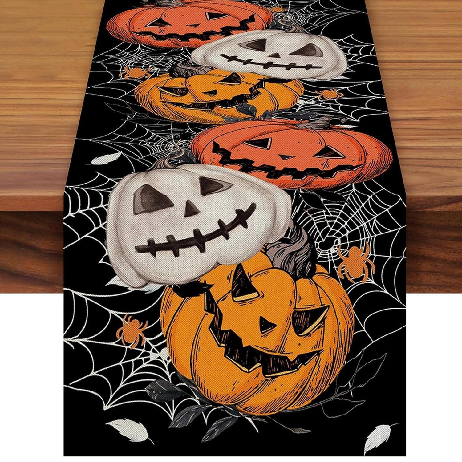 Halloween Tischläufer Kürbis Spinnennetz Deko 183x33cm Schwarz Orange