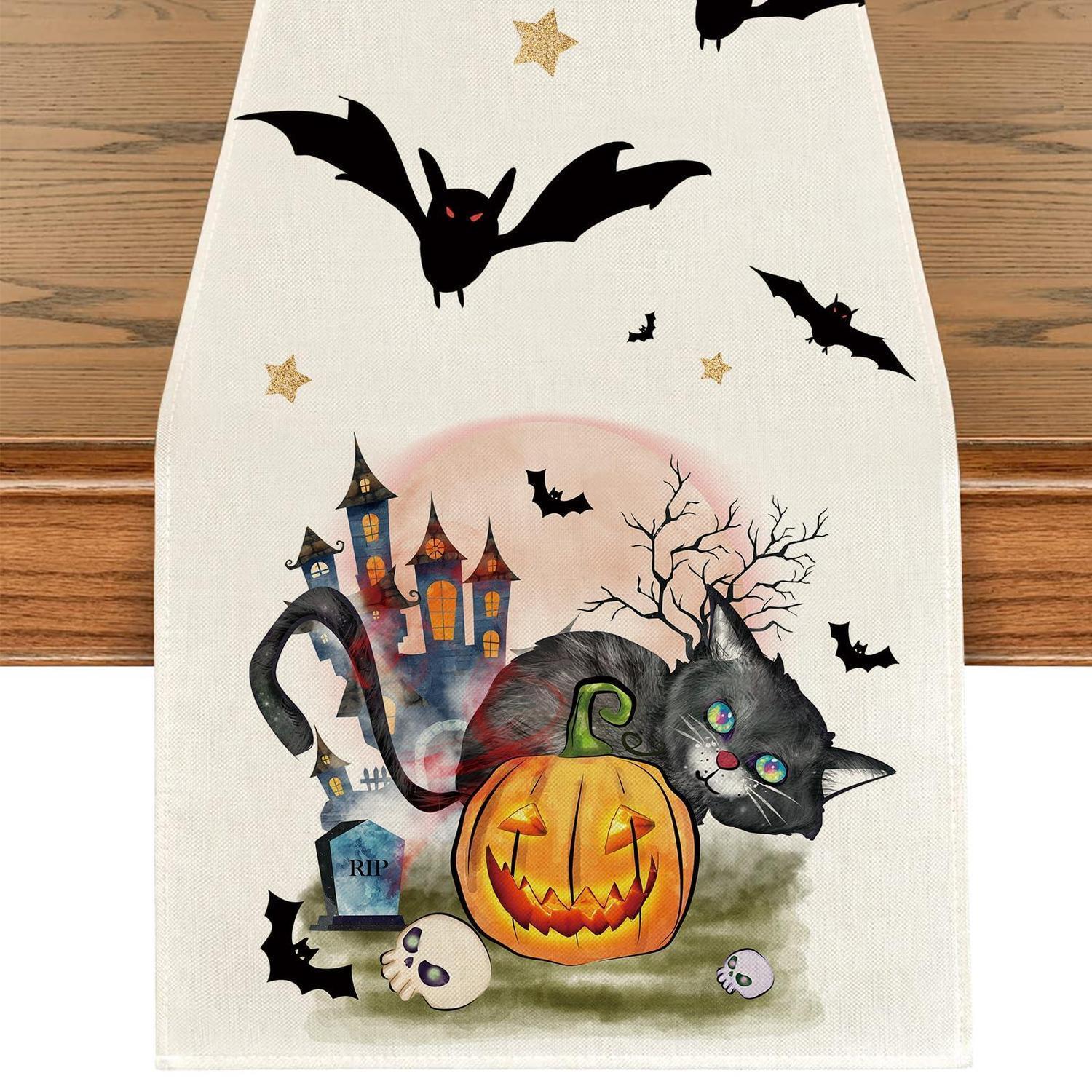 Halloween Tischläufer Mit Kürbis & Katze, 40x140cm, Wiederverwendbar