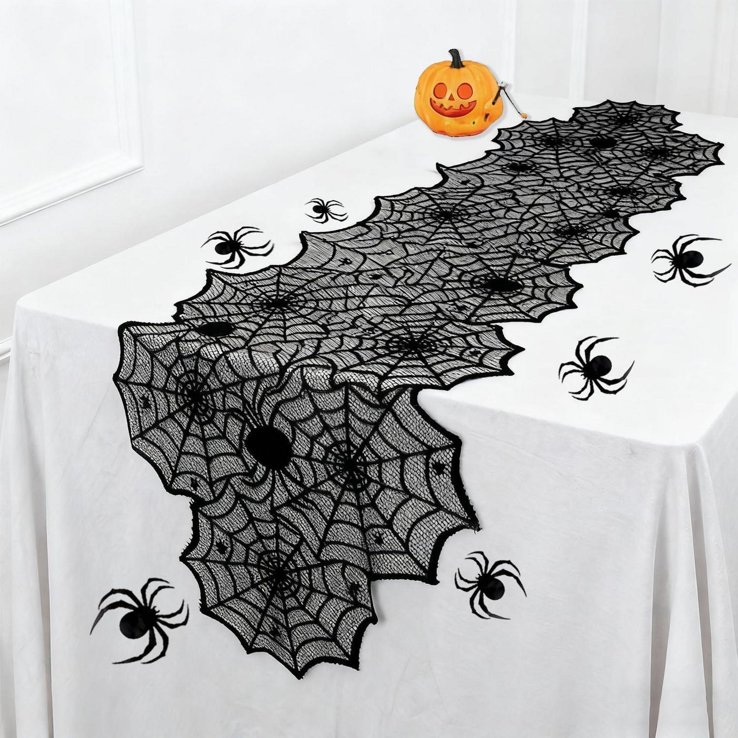 Halloween Tischläufer 180x45cm Mit 12 Spinnen Deko, Spinnennetz-muster
