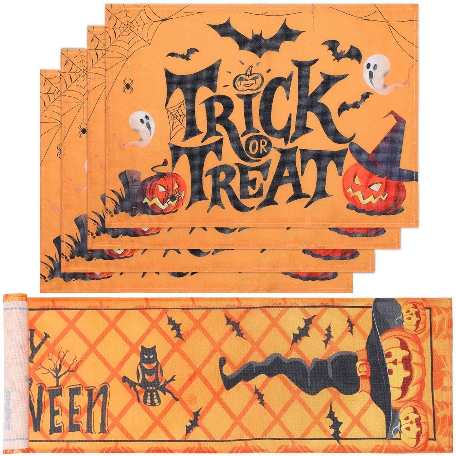 Halloween Tischläufer Und 4 Tischsets, 183x33cm, Abwaschbar, Leinenoptik