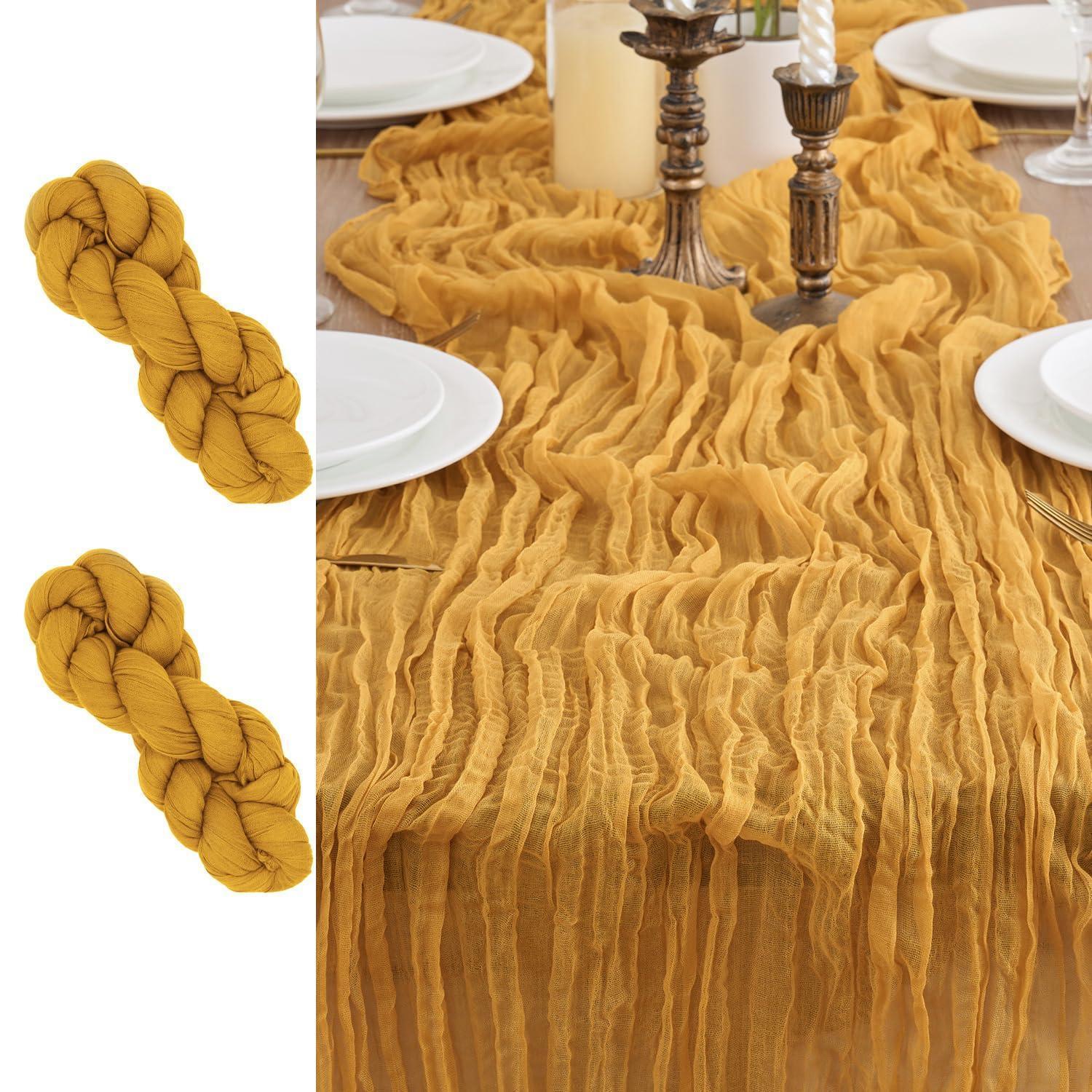 2er Set Tischläufer Gaze Stoff 90x300cm Ingwer-gelb Boho Rustikal