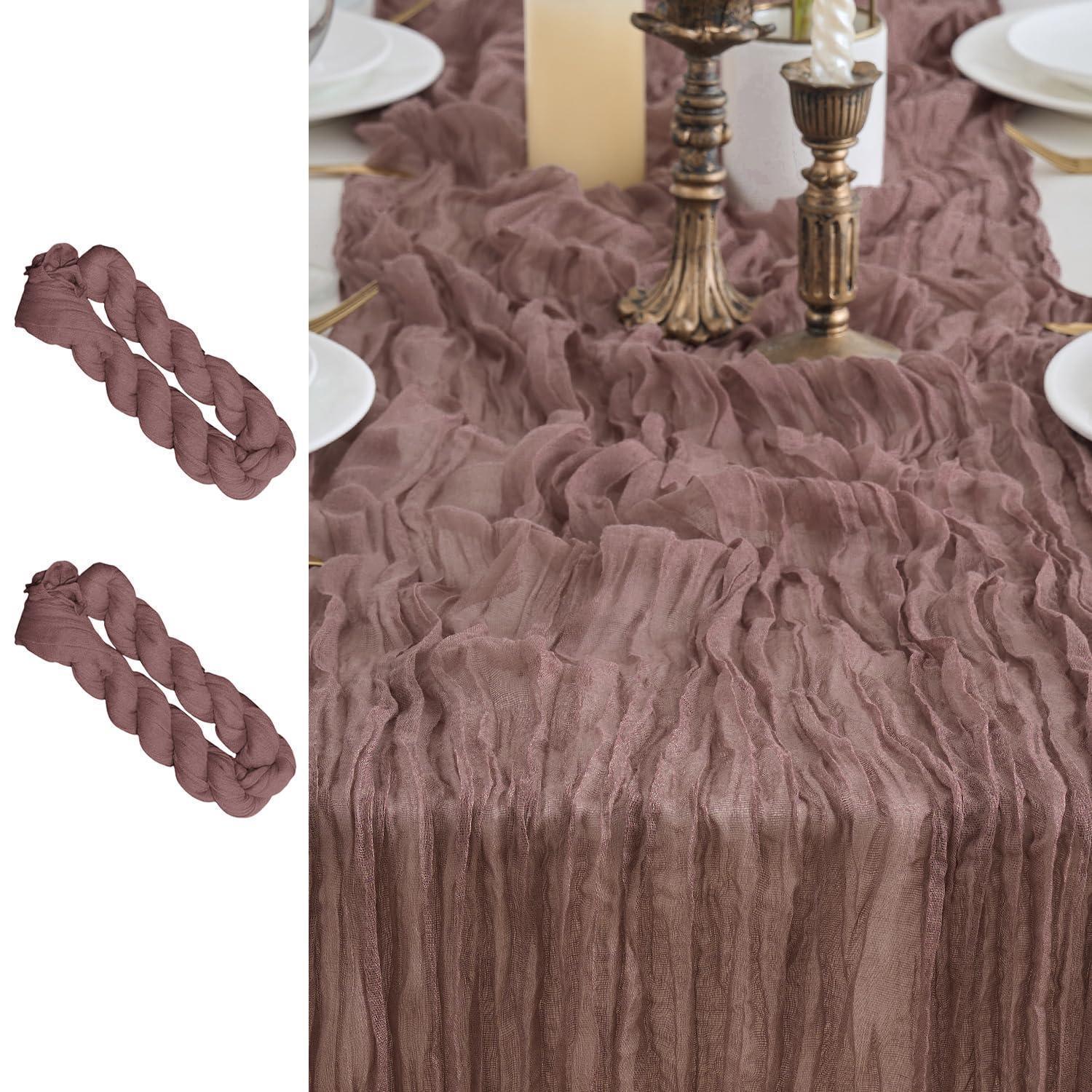 2er Set Tischläufer Gaze Stoff 90x300cm Dunkelbraun Rot Boho Rustikal