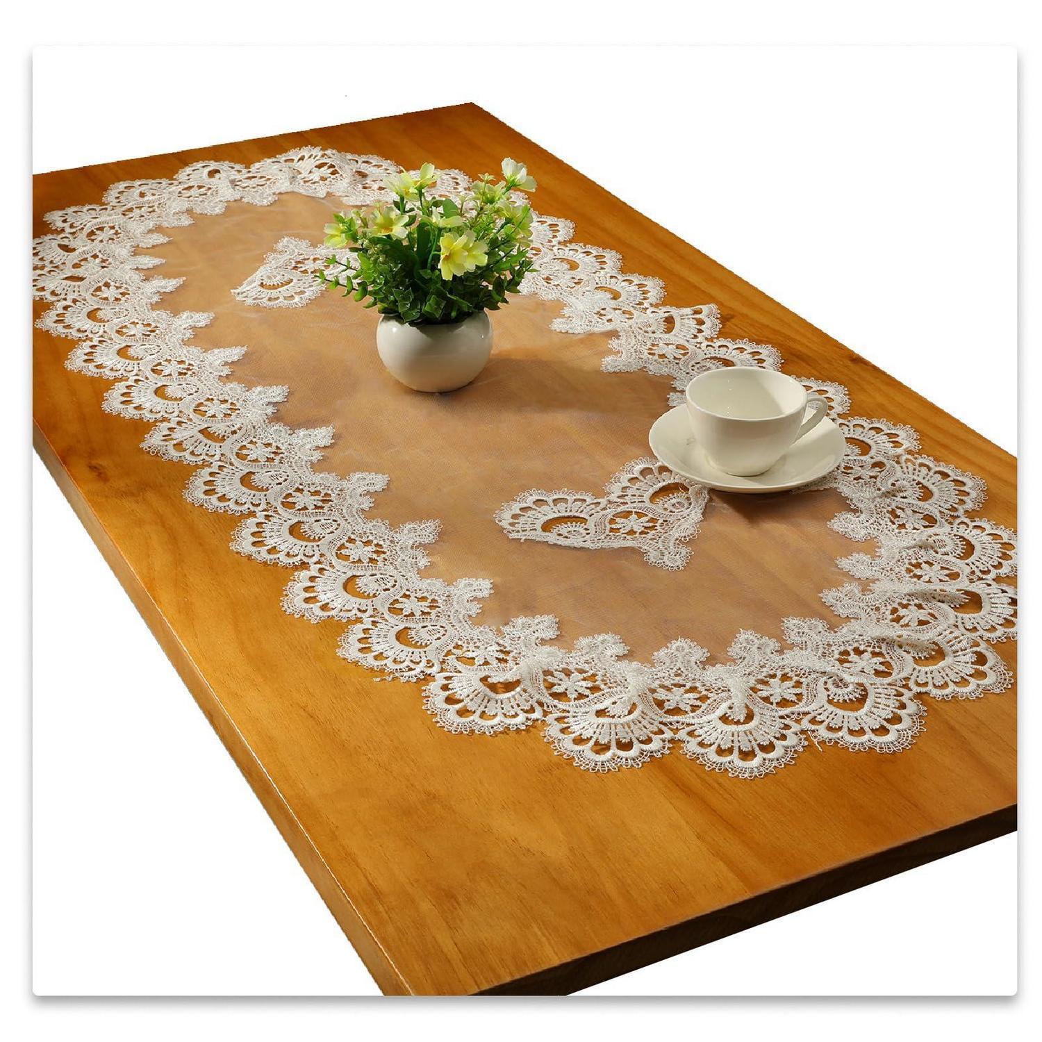 Oval Tischläufer Mit Spitze, 50x110cm, Weiß, Jacquard-satin & Gaze