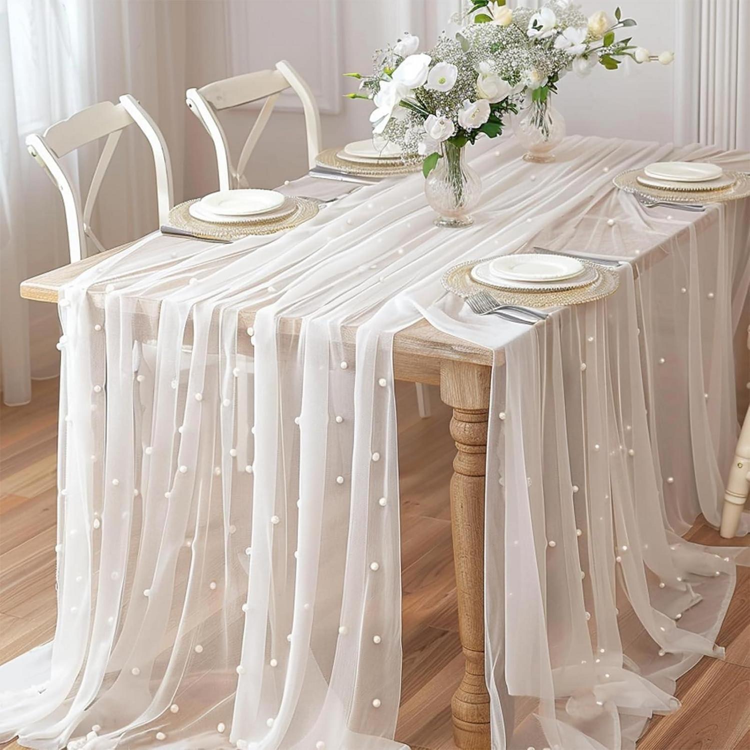 Tischläufer Tüll Mit Perlen 80x300cm Weiß Elegant & Vielseitig Für Hochzeiten & Partys