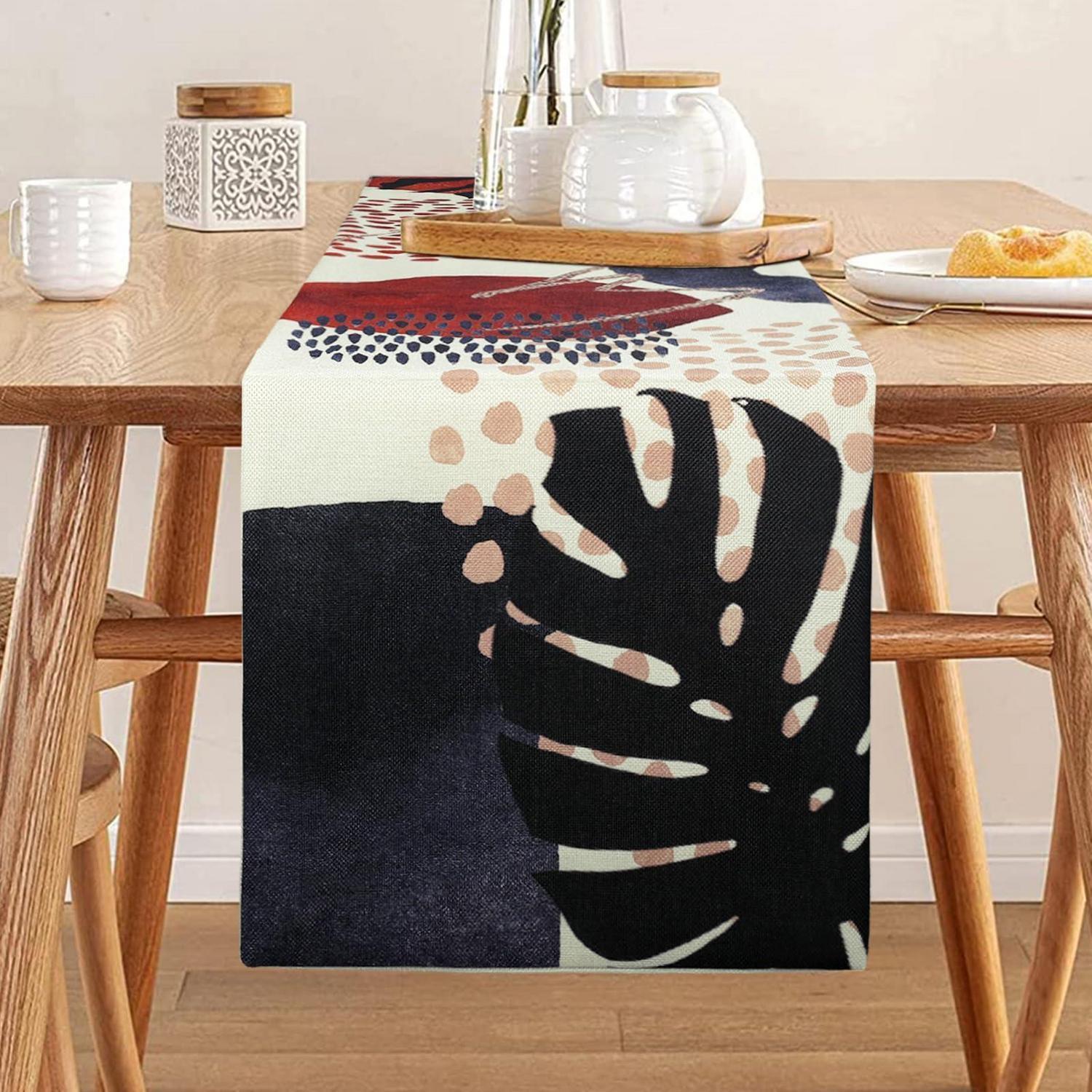 Boho Tischläufer 33x183 Cm Abstrakt Marineblau Gold Geometrisch Leinen Mischgewebe