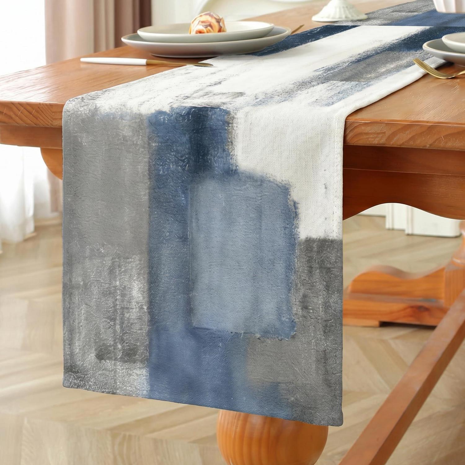 Tischläufer Leinen 33x183 Cm Blau Abstrakt Ölgemälde Landhausstil