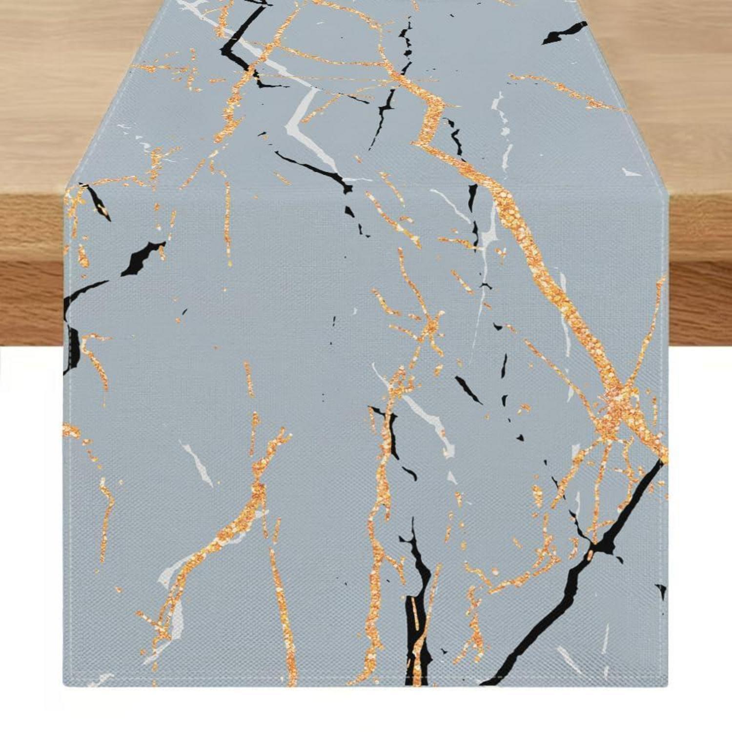 Tischläufer 40x180 Cm Grau Marmor Optik Leinen Polyester Abstrakt Gold