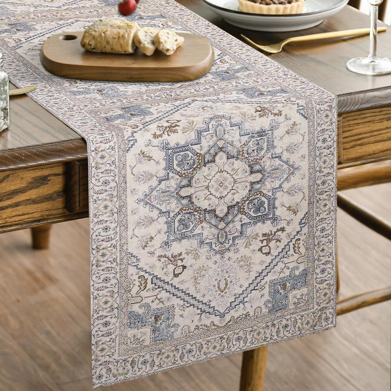 Tischläufer Boho Landhausstil Blau Beige 33x183 Cm Pflegeleicht & Robust
