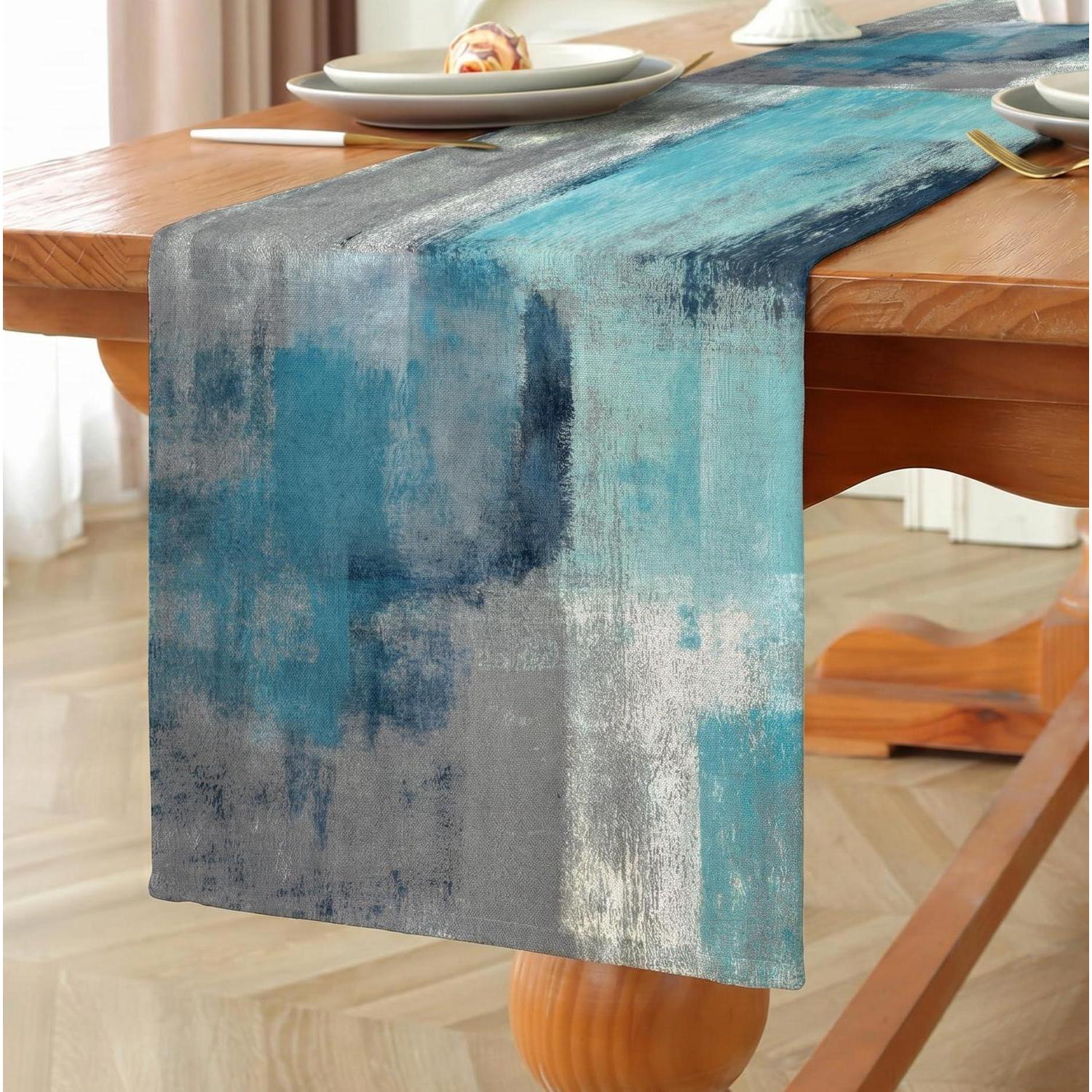 Tischläufer Leinen Landhausstil Abstraktes Ölgemälde 40x140 Cm Blau Spritzwassergeschützt