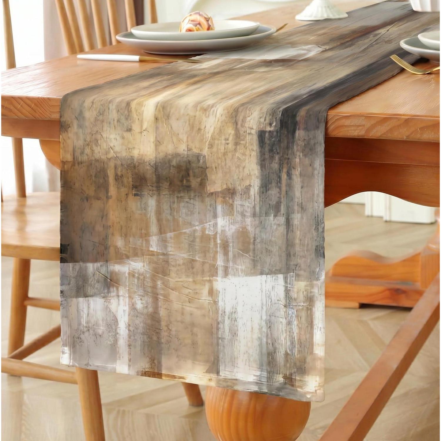 Tischläufer Leinen Landhausstil Ölgemälde Braun 33x183 Cm Spritzwassergeschützt