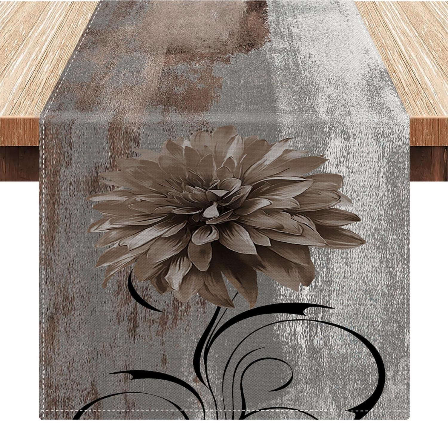 Tischläufer Leinen 40x140cm Grau Abstrakte Blume Boho Küche & Esstisch Deko