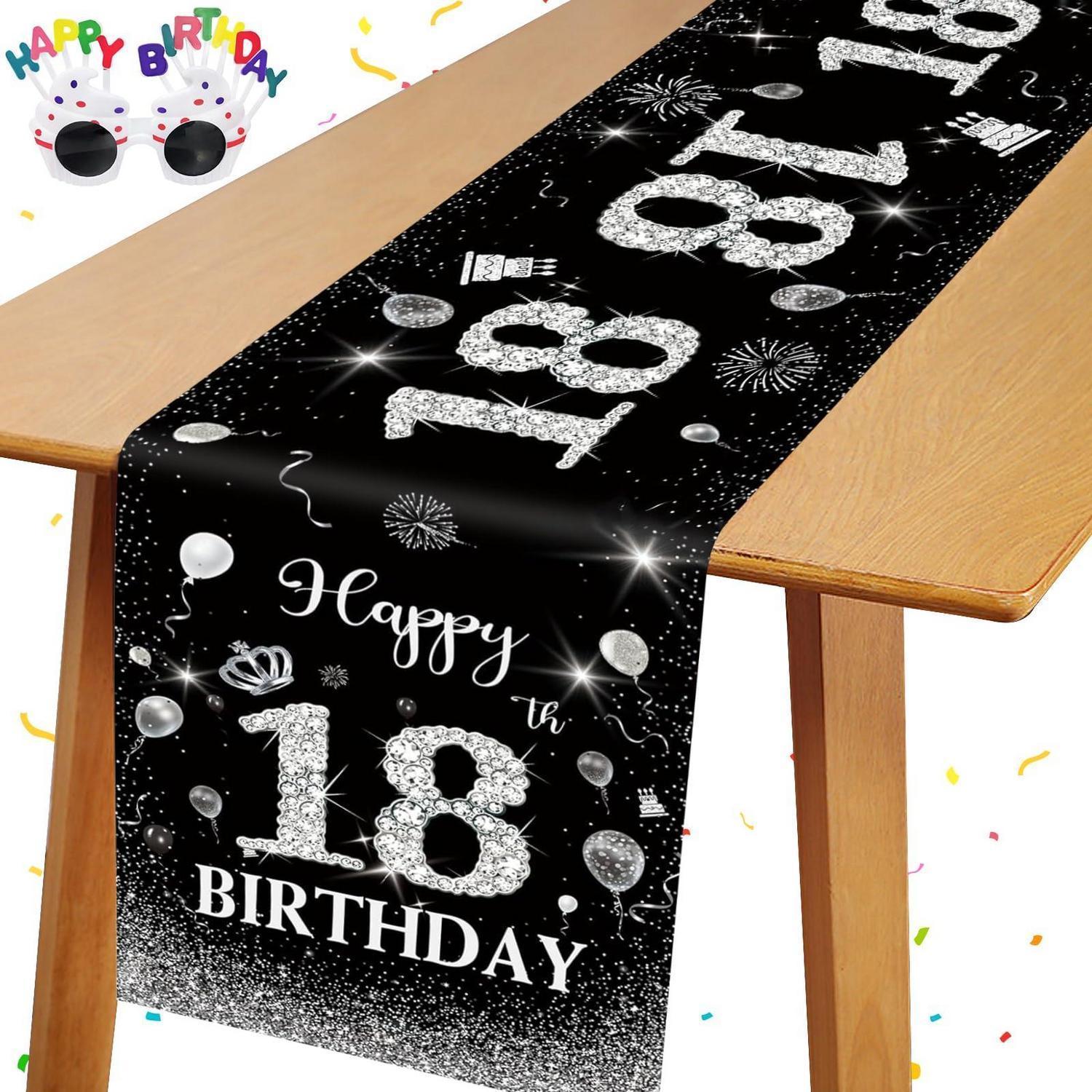 Tischläufer 18. Geburtstag Schwarz Silber 180x35cm Mit Brille
