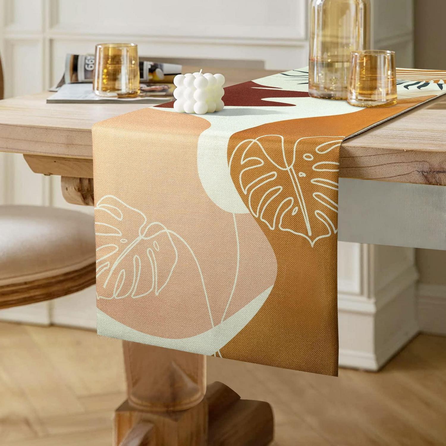 Tischläufer Braun Abstrakt Blatt Leinen 40x140 Cm Waschbar Modern Boho
