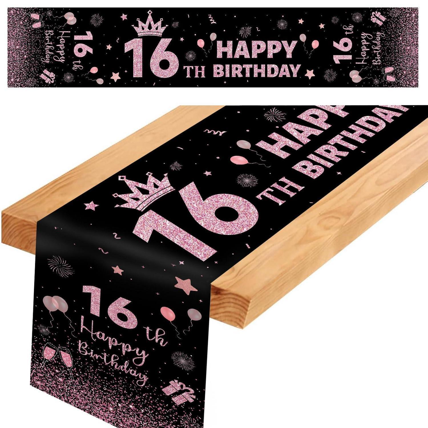 Tischläufer 16. Geburtstag, Schwarz-rosa, 182x35 Cm, Wiederverwendbar