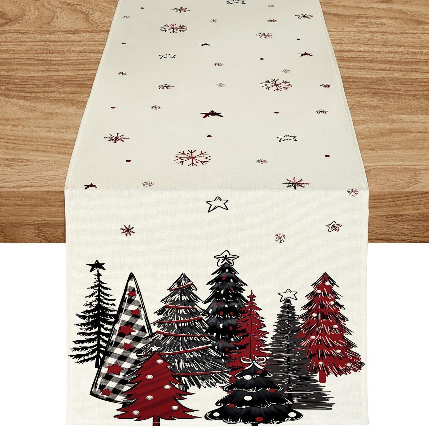 Weihnachtlicher Tischläufer 40x240 Cm Mit Weihnachtsbäumen Und Schneeflocken, Schwarz-rot