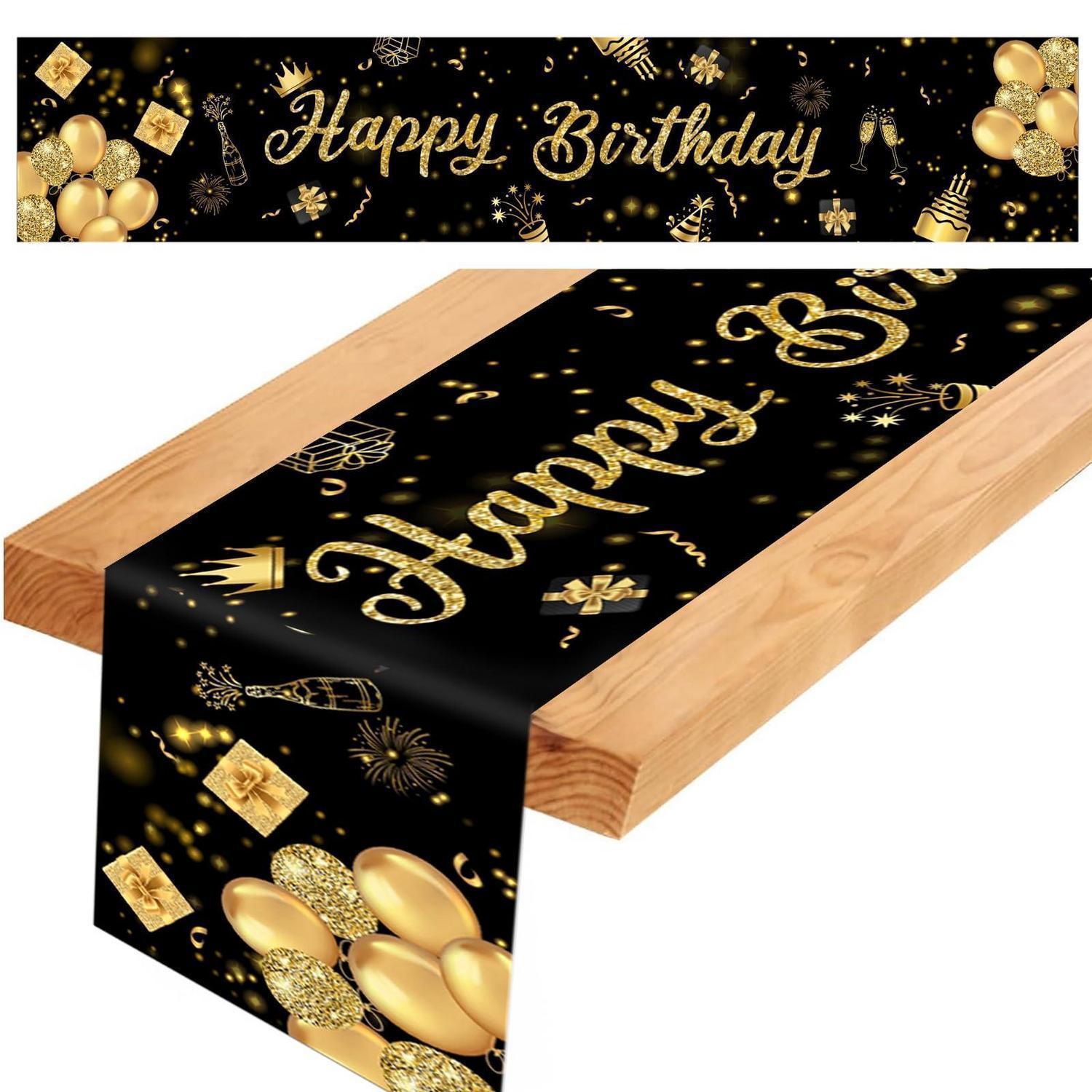 Tischläufer Geburtstag Schwarz Gold, Leinen, 186x34cm, Wiederverwendbar