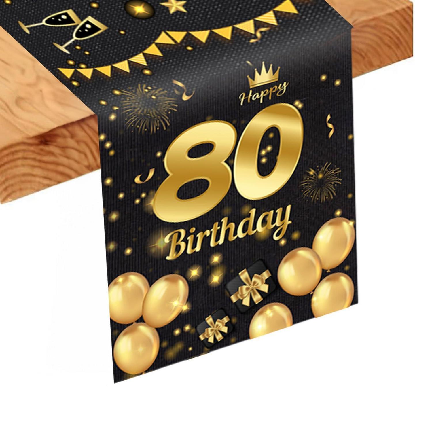 Tischläufer 80. Geburtstag Schwarz Gold Leinen 186x34cm Wiederverwendbar