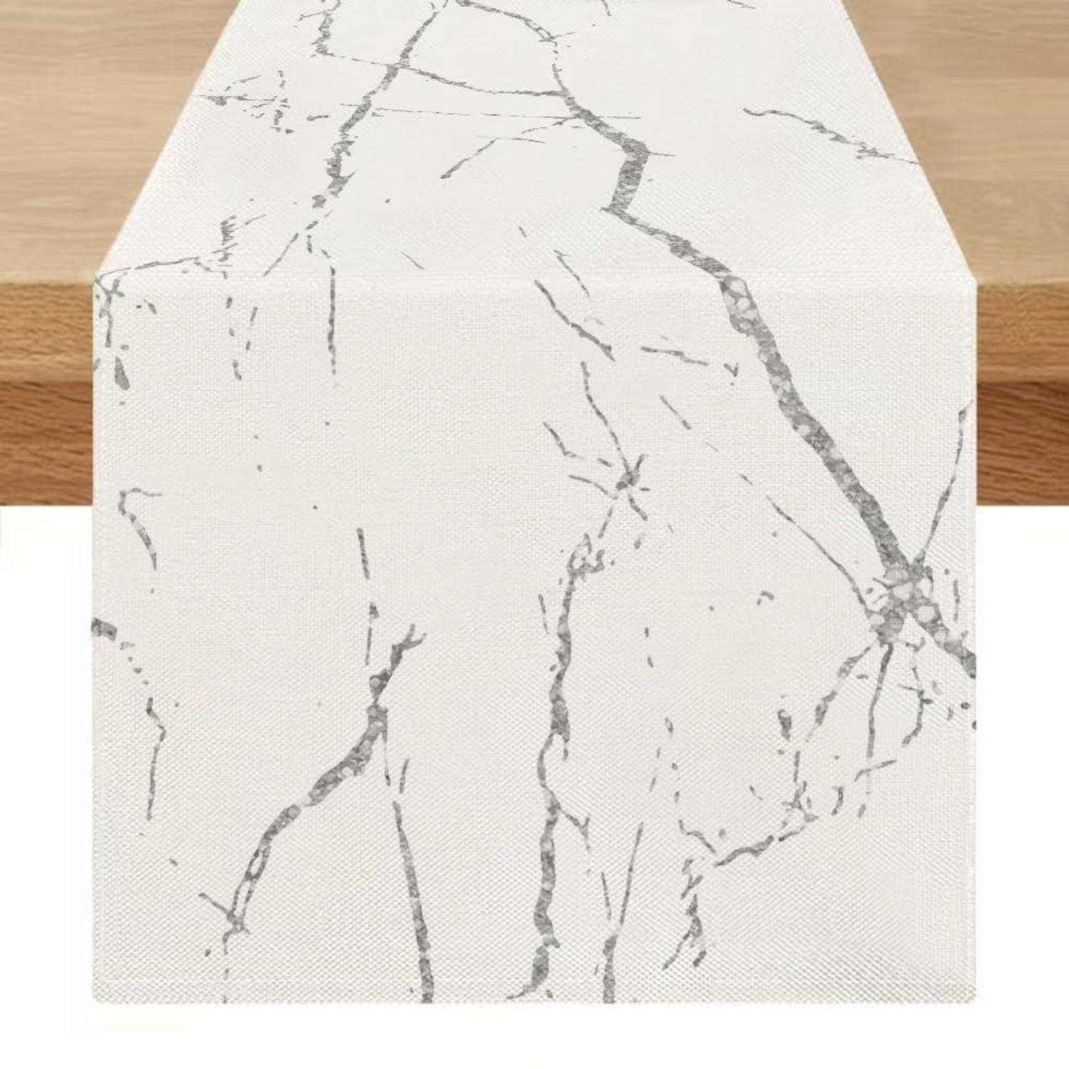 Tischläufer Abwaschbar 40x100 Cm Marmoroptik Weiß Grau Gold Leinenoptik