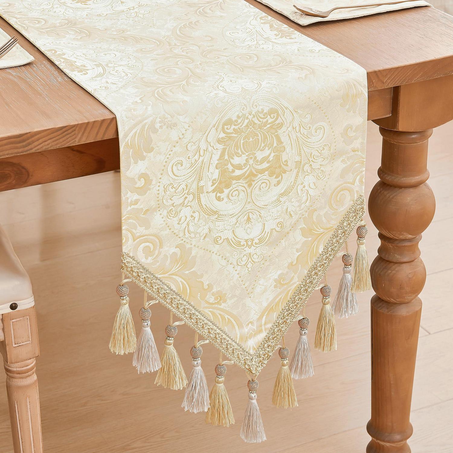 Tischläufer Mit Quasten, Jacquard-muster, Hellgold, 33x228cm