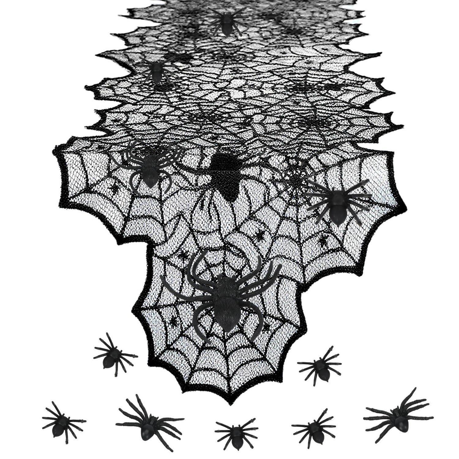 Tischläufer Spinnennetz 180x45cm Schwarz Mit Spinnen, Halloween Deko Spitze Stoff