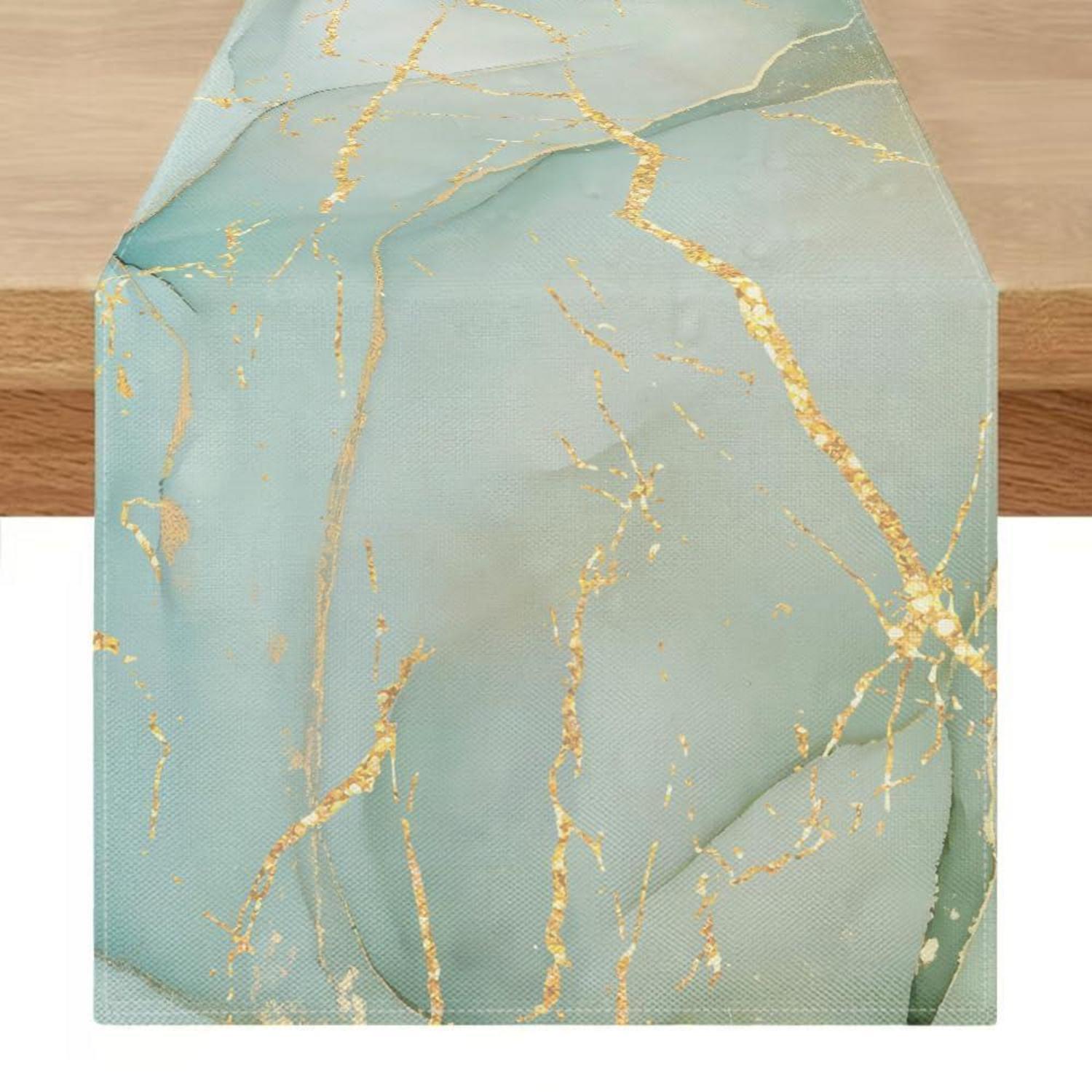 Tischläufer Marmor Optik Grau Grün Gold 40x140 Cm Waschbar Leinenoptik