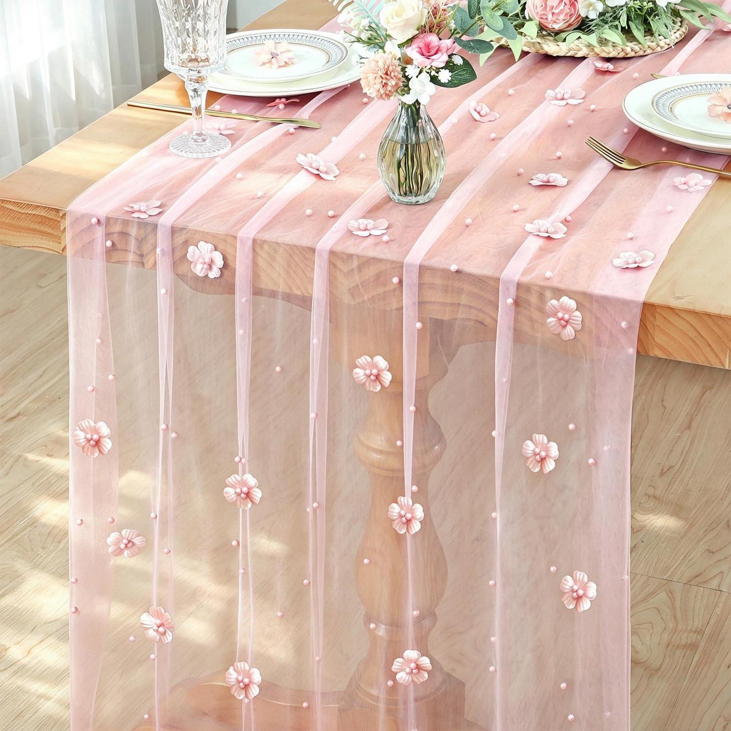 Tüll Tischläufer 75x300 Cm Mit Blumen Und Perlen, Rosa