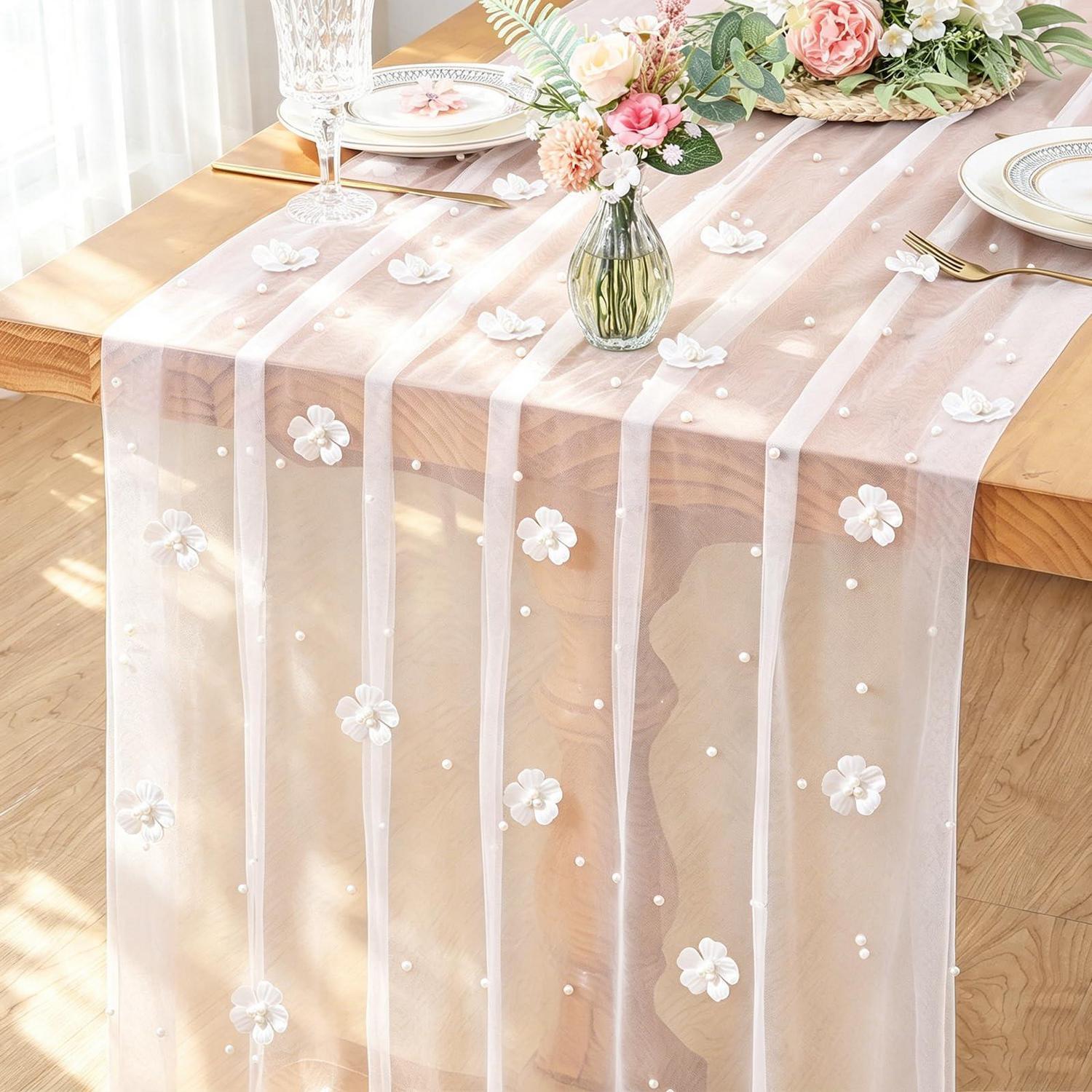 Tischläufer Tüll Weiß 75x300 Cm Mit Blumen & Perlen Für Hochzeiten