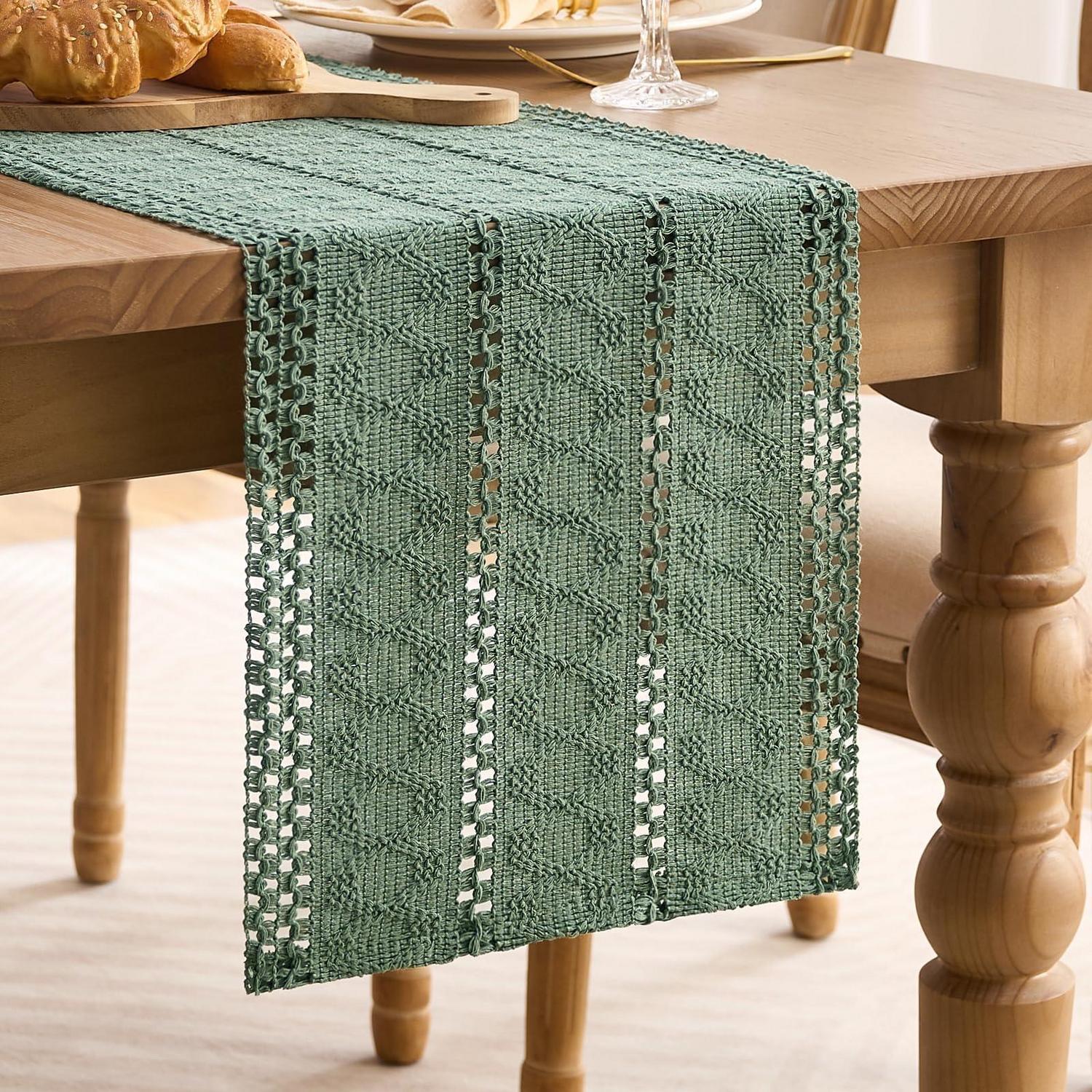 Tischläufer Salbeigrün Makramee 30x100 Cm Baumwolle Leinen Boho Landhausstil
