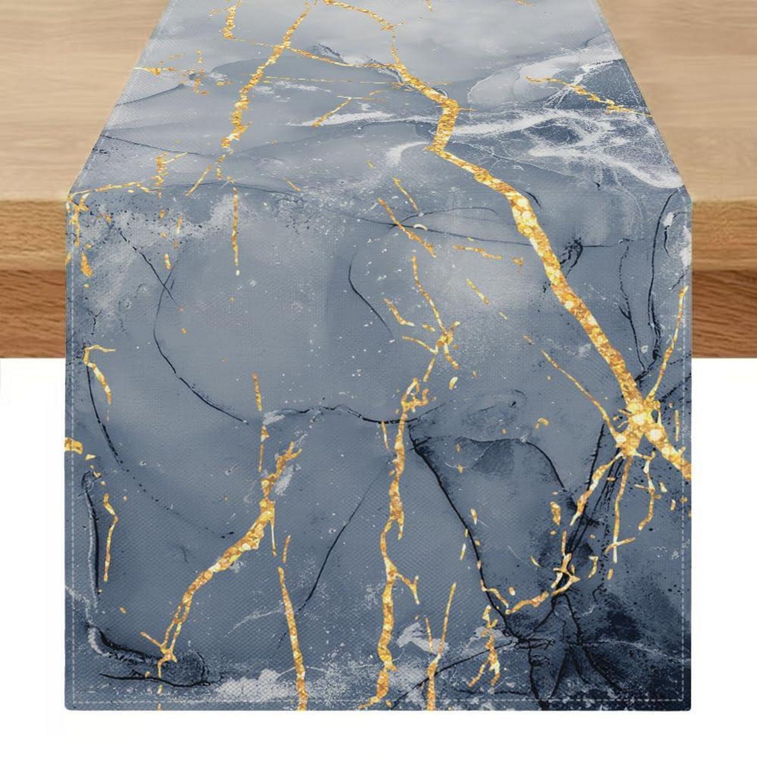Abwaschbarer Tischläufer 40x200 Cm Marmoroptik Blau Gold Modern