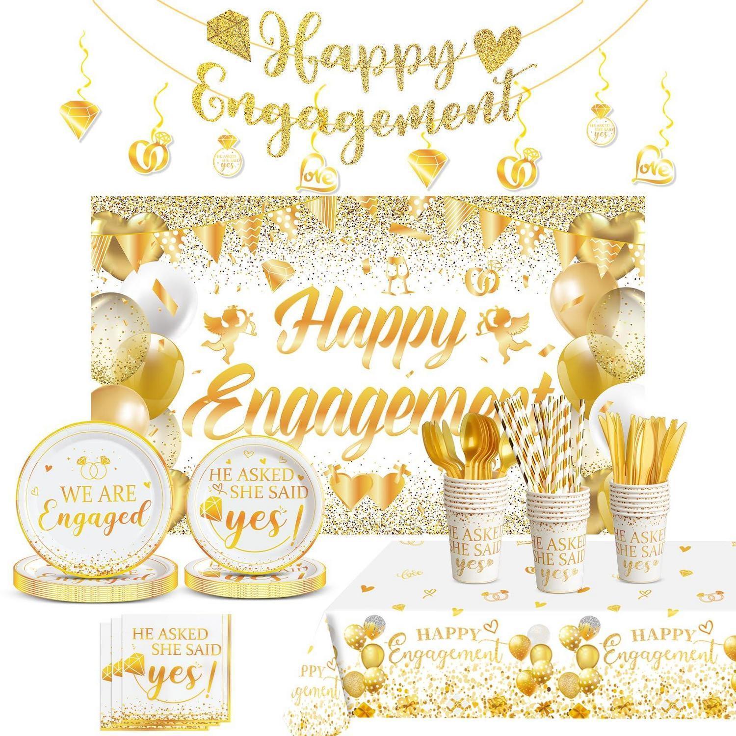 Verlobungsfeier Deko Set Für 20 Personen, Gold, Einweggeschirr, Banner, Tischdecke