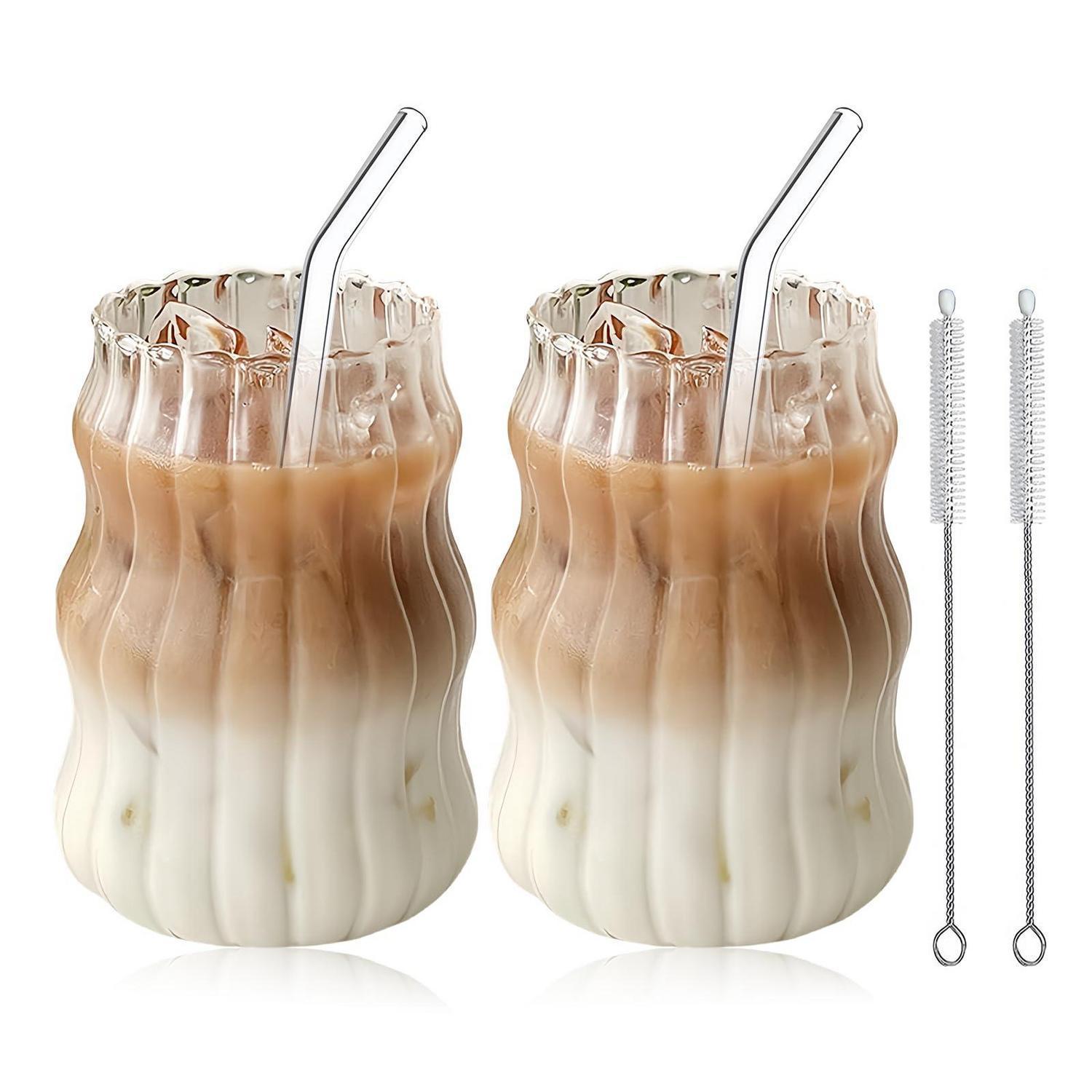 2er Set Gerippte Trinkgläser 530ml Mit Strohhalmen & Bürsten
