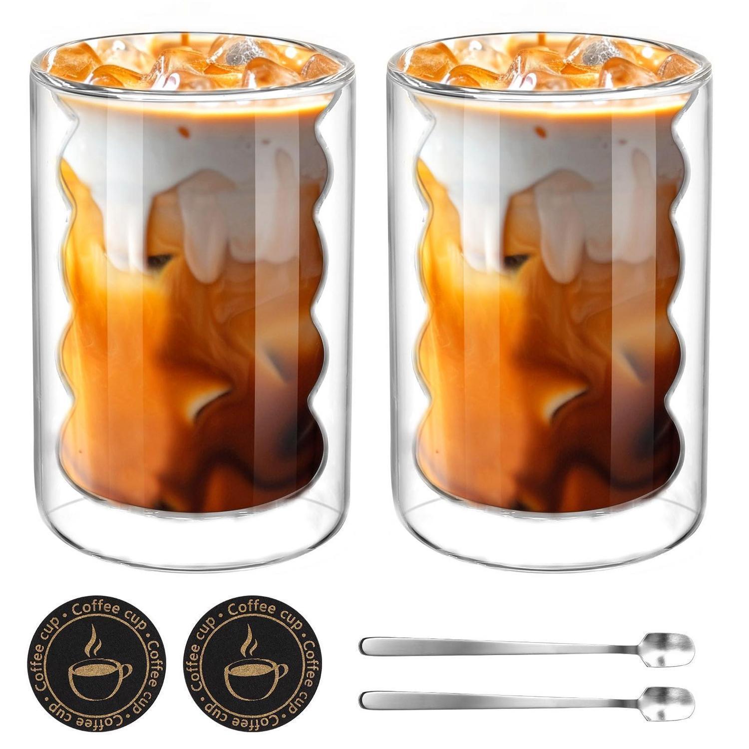 Doppelwandige Latte Macchiato Gläser 2er Set 350ml Mit Löffeln & Untersetzern