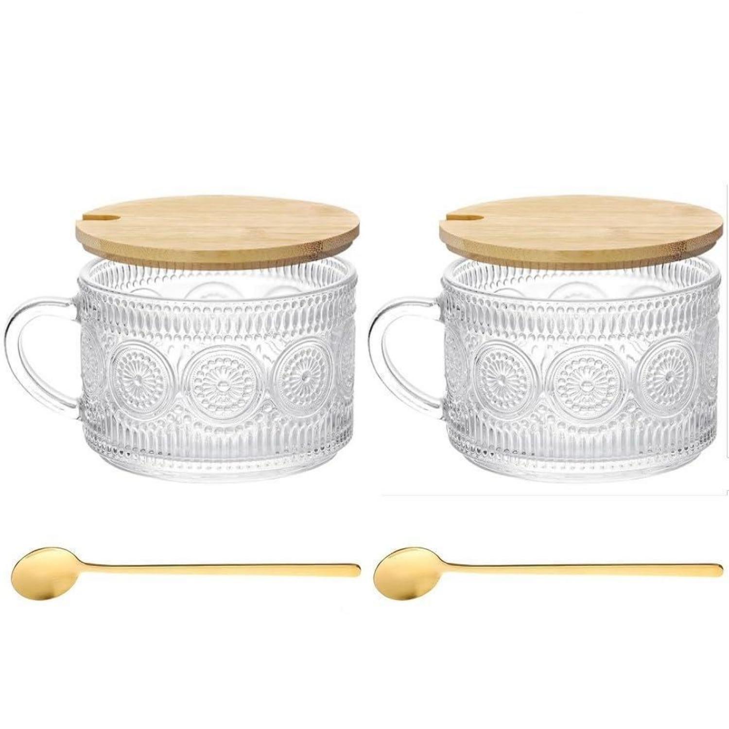 2er Kaffeegläser Set Vintage Geprägt 400ml Mit Deckel & Löffel