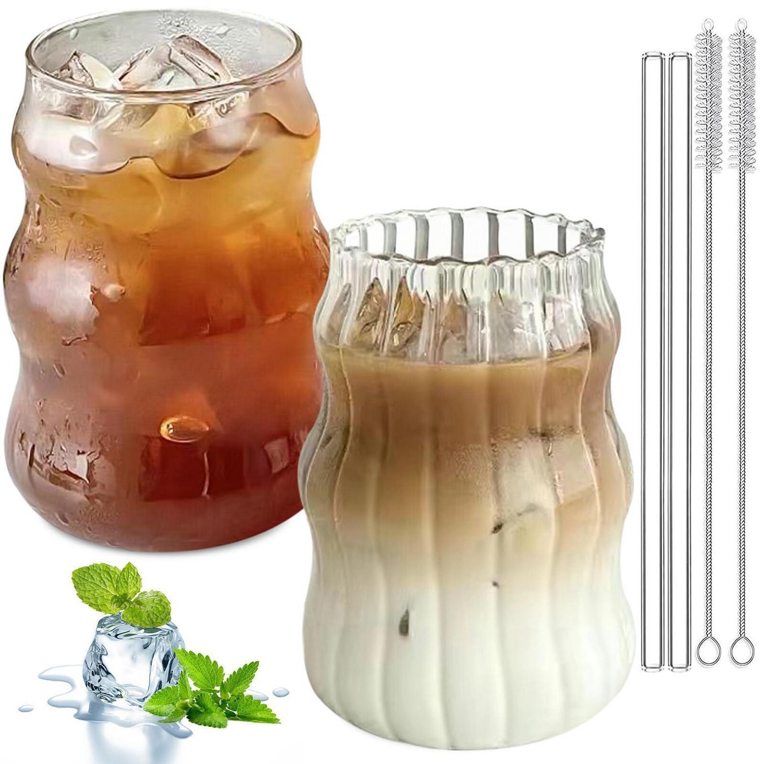 2er Set Gerippte Trinkgläser 530ml Mit Glasstrohhalmen, Retro Bubble Gläser Für Cocktails & Eiskaffee