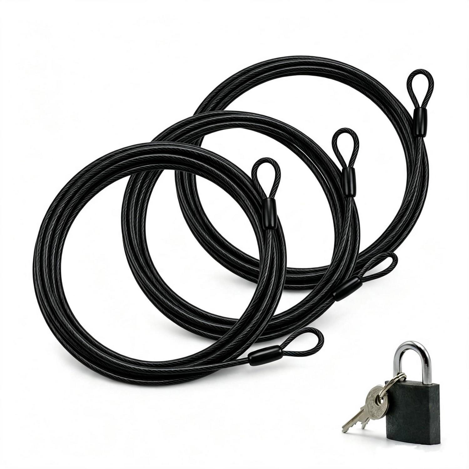 3er Set Kabelschloss 2m, 4mm Stahlseil Mit Ösen, Schwarz, Ummantelt