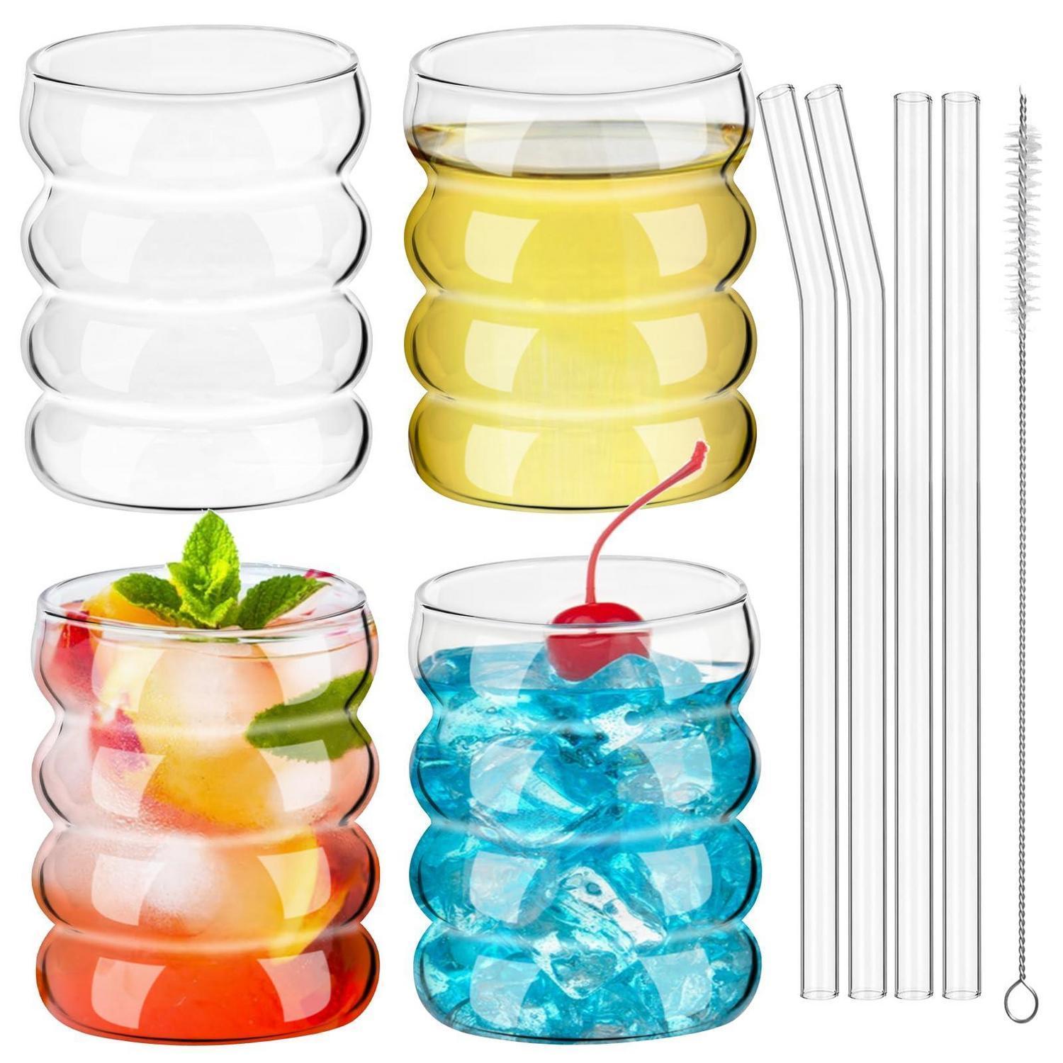 4er Set Gerippte Trinkgläser 350ml Mit Glasstrohhalmen, Borosilikatglas, Spülmaschinenfest