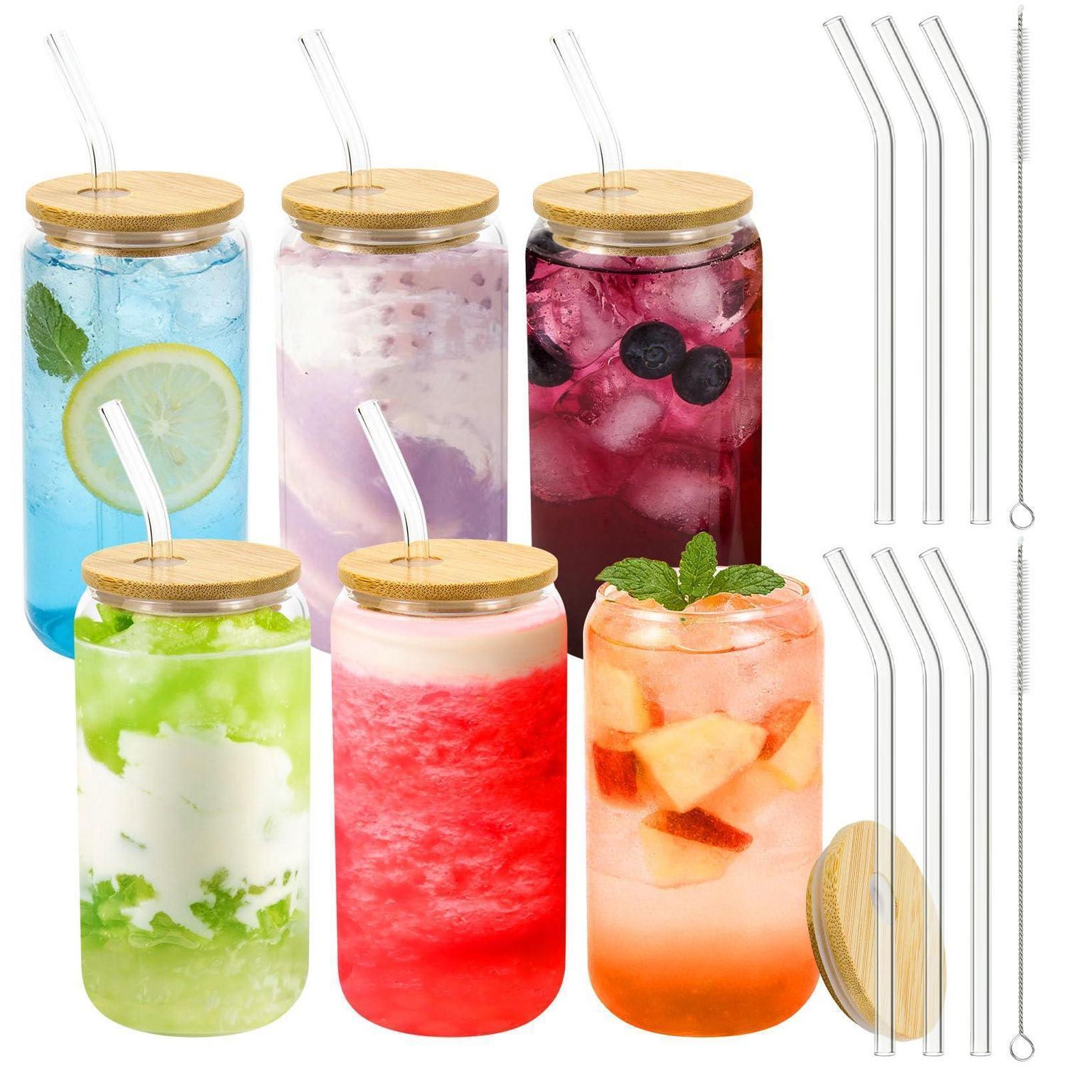 6er Set Trinkgläser 500ml Mit Bambusdeckel & Glasstrohhalm Für Cocktails, Eiskaffee