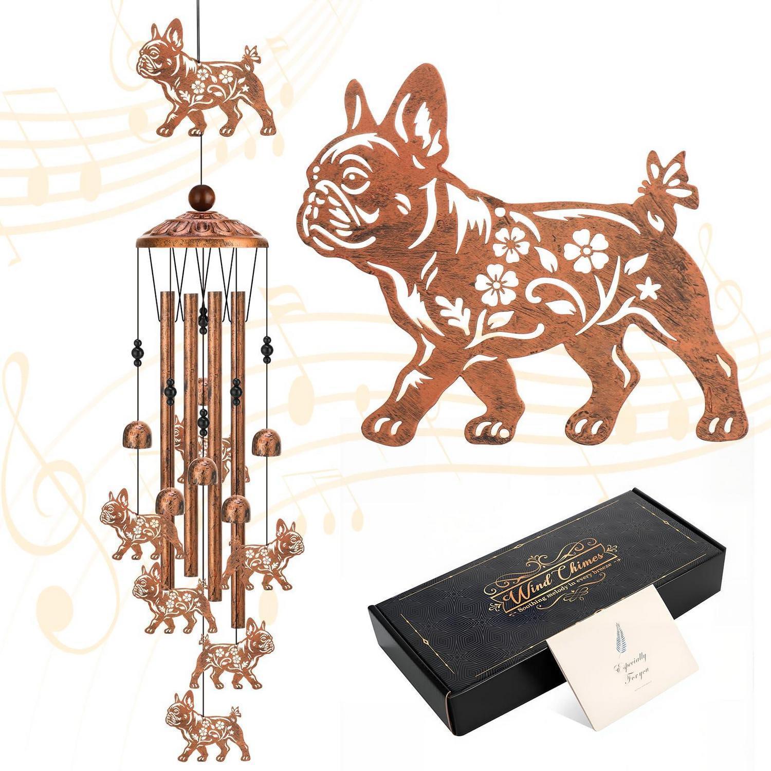 Windspiel Bulldogge Bronze Metall 90cm Mit 4 Rohren & 6 Figuren, Garten Deko Geschenk