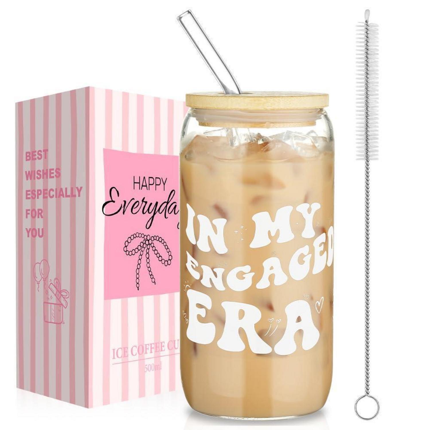 Trinkglas Mit Deckel & Strohhalm 500ml "in My Engaged Era" Geschenk Für Verlobte