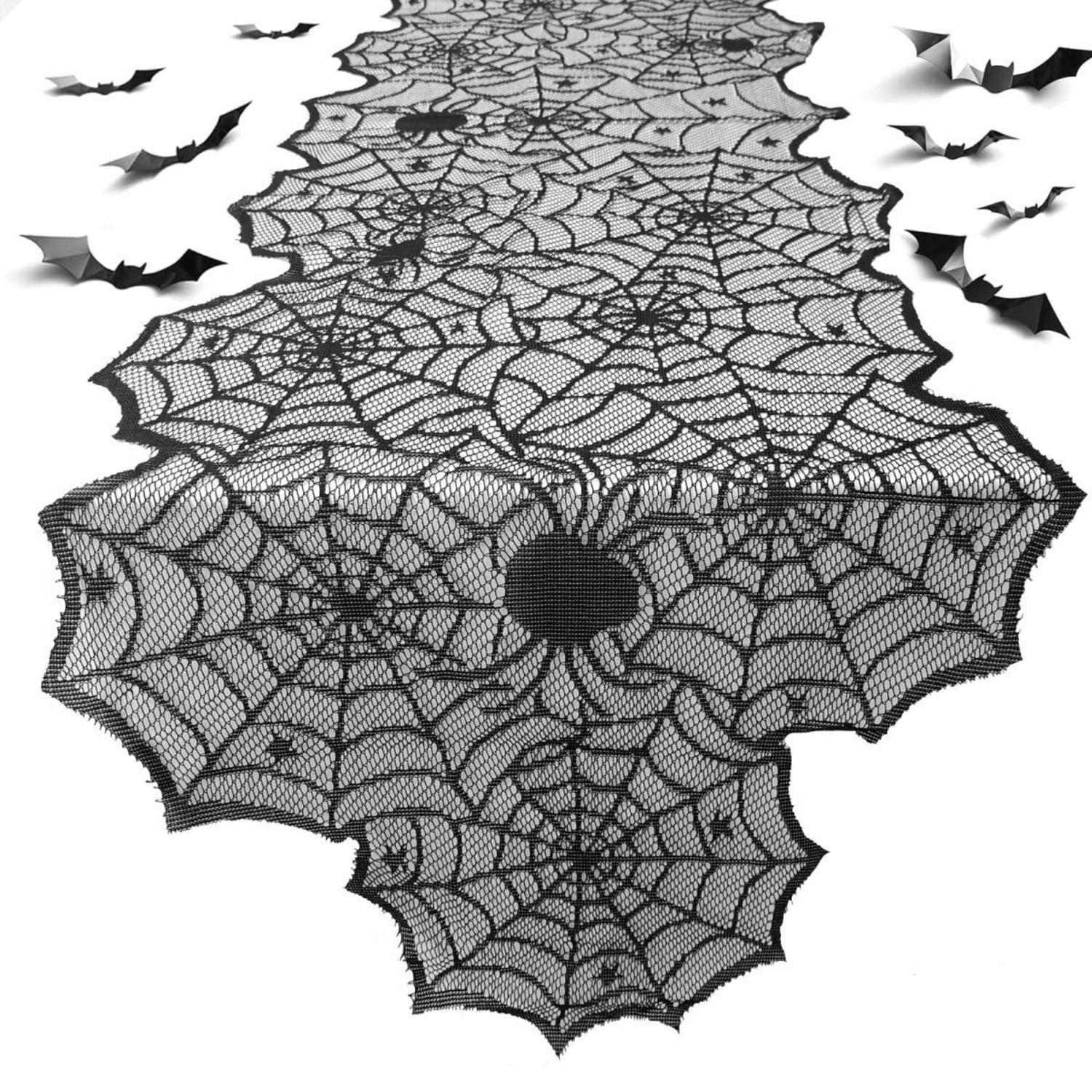Halloween Tischdecke Spinnennetz Mit 3d Fledermäusen, Schwarz, 182x46cm