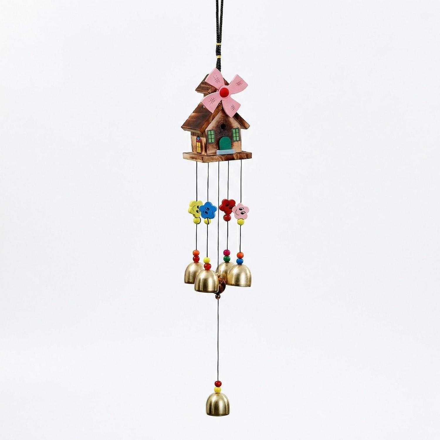 Holz Windspiel Haus & Windmühle, Bunte Gartendeko Zum Aufhängen, Rosa