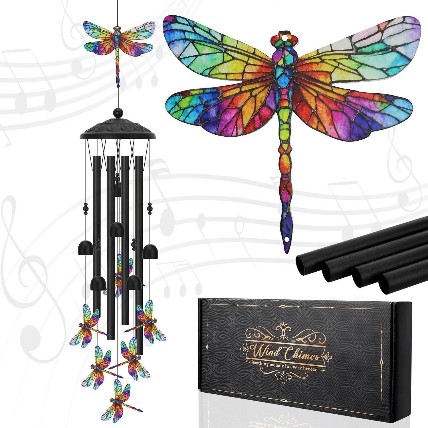 Libellen Windspiel 90cm, Metall, Wetterfest, Beruhigender Klang, Geschenkbox