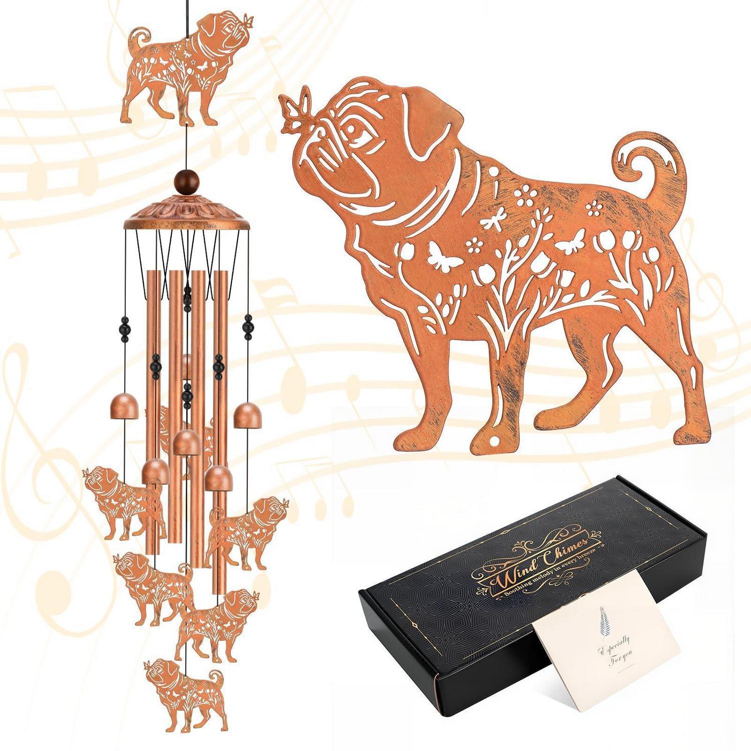 Mops Windspiel Für Garten Deko, Metall Bronze, Melodische Töne, Geschenkidee