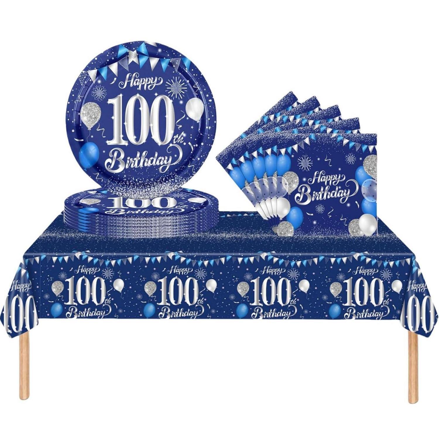 Partygeschirr 100. Geburtstag 37tlg. Marineblau Silber Für Damen & Herren
