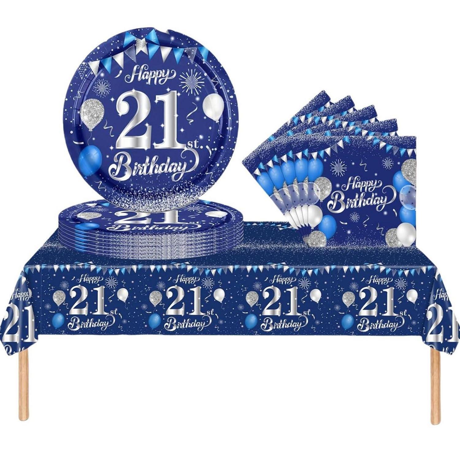 Partygeschirr 21. Geburtstag 37tlg. Marineblau Silber Für Damen & Herren