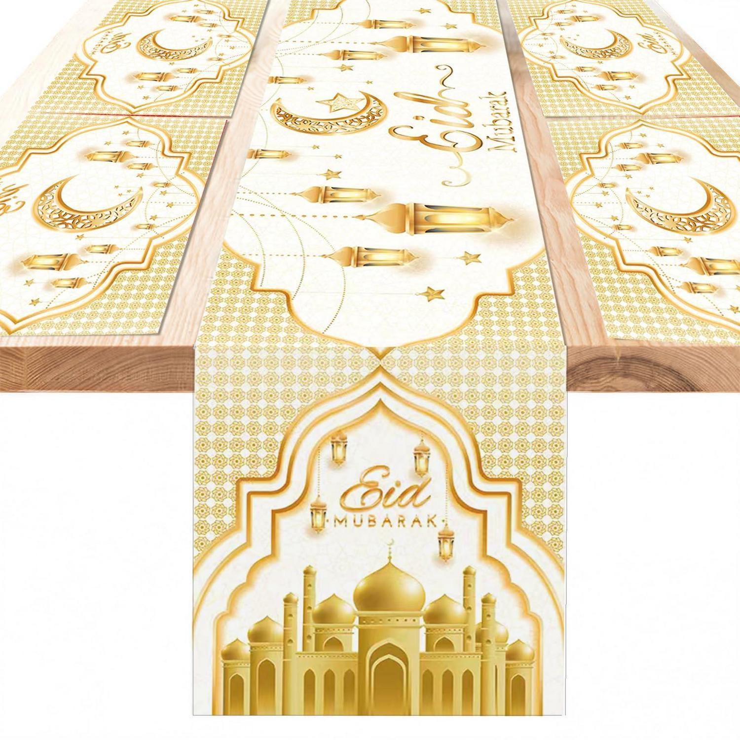 Eid Mubarak Tischdeko Set: Tischläufer & 4 Platzsets, Waschbar, Weiß-gold