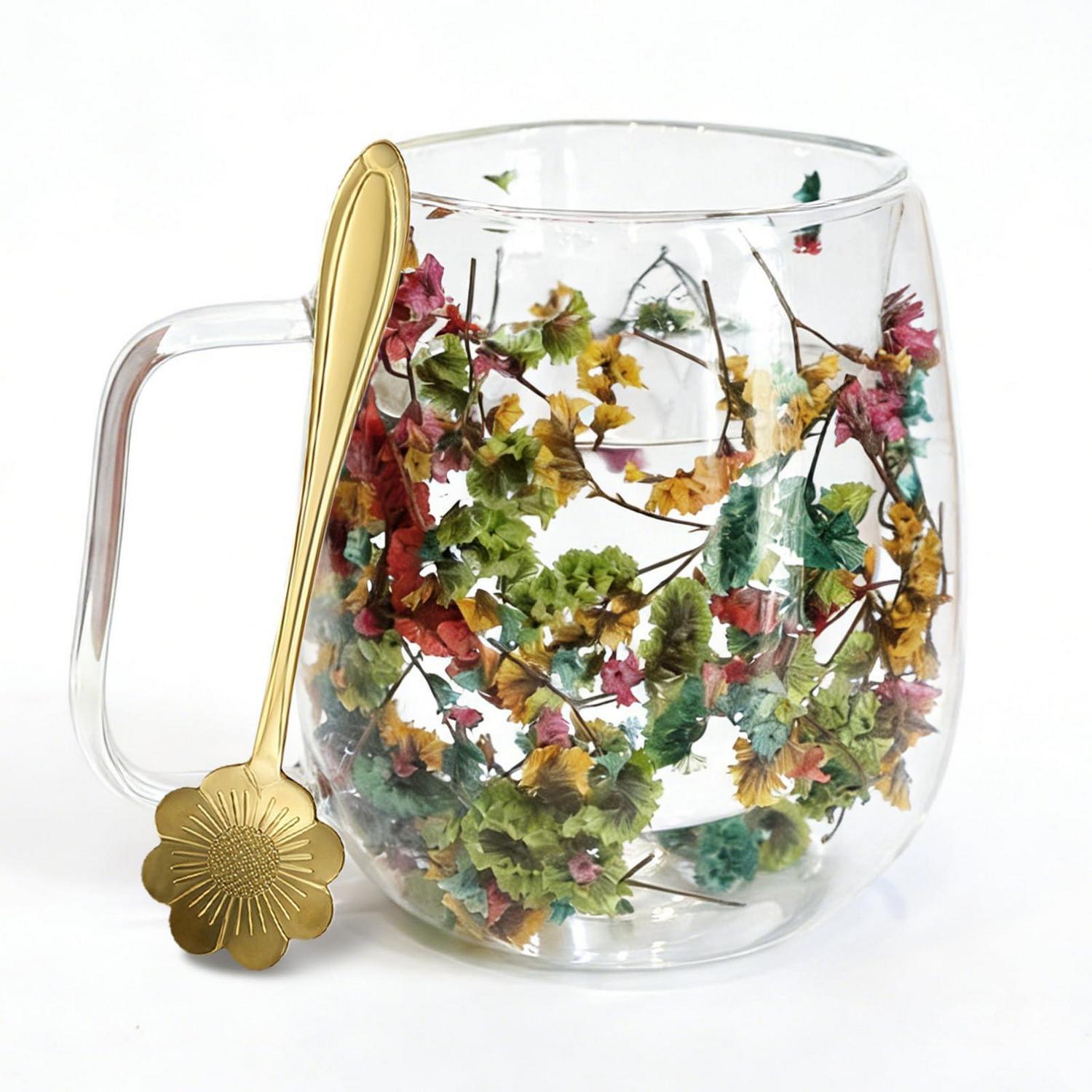 Doppelwandiges Glas Mit Trockenblumen Und Löffel, 390ml, Mehrfarbig