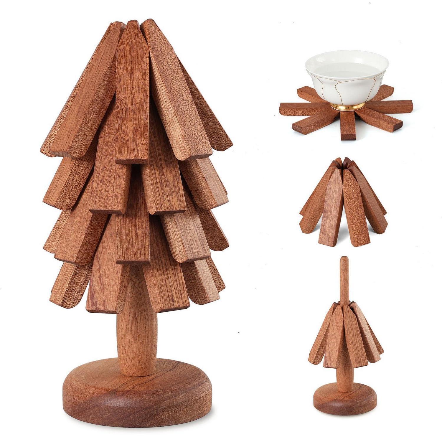 Topfuntersetzer Baumform, Hitzebeständig, Holz, Set Mit 4 Untersetzern & Ständer