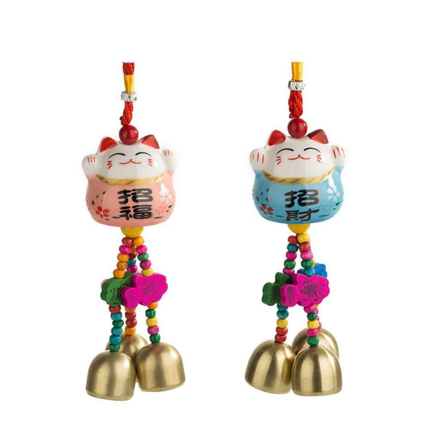 Windspiel Maneki Neko 2er Set Glückskatze Mit Glocken, Japanischer Stil, Pink+blau