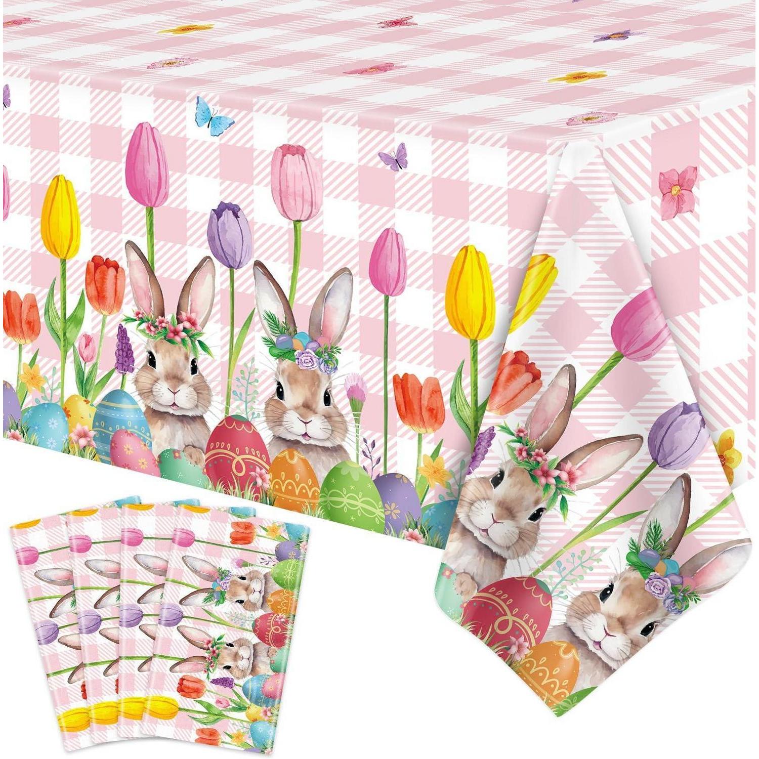 4er Set Oster-tischdecken 130x220 Cm, Wasserdicht, Mit Tulpen & Hasenmotiv
